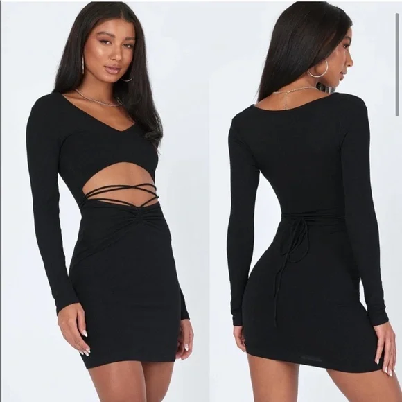 Princess Polly Noa Black Long Sleeve Ribbed Cut Out Criss Cross Tie Mini Dress - Picture 2 of 11